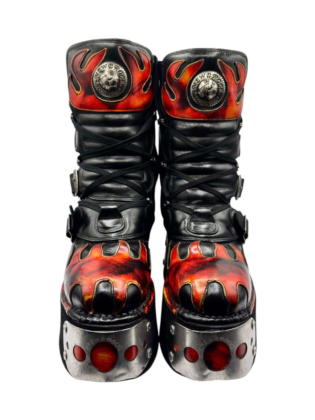 Black platform boots with red flame graphics, lace-up, buckles and metal studs