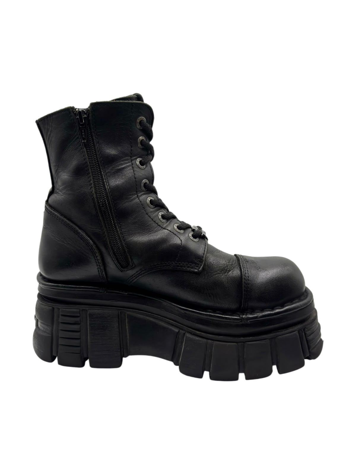 New Rock Mili black leather lace-up platform boots with side zipper and chunky sole