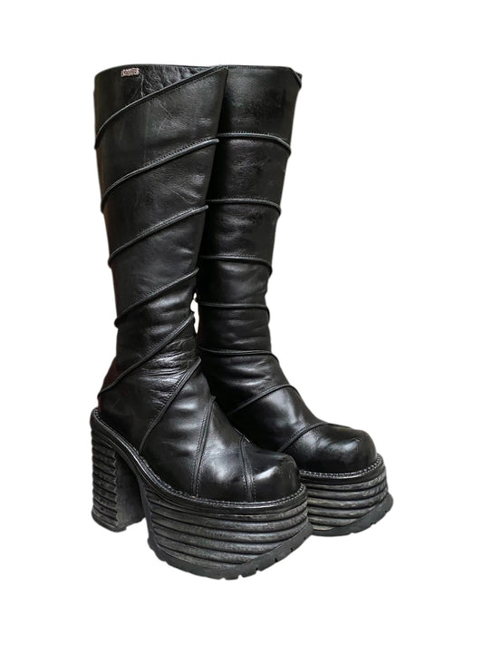 Black leather block platform boots with stacked sole and thick block heel