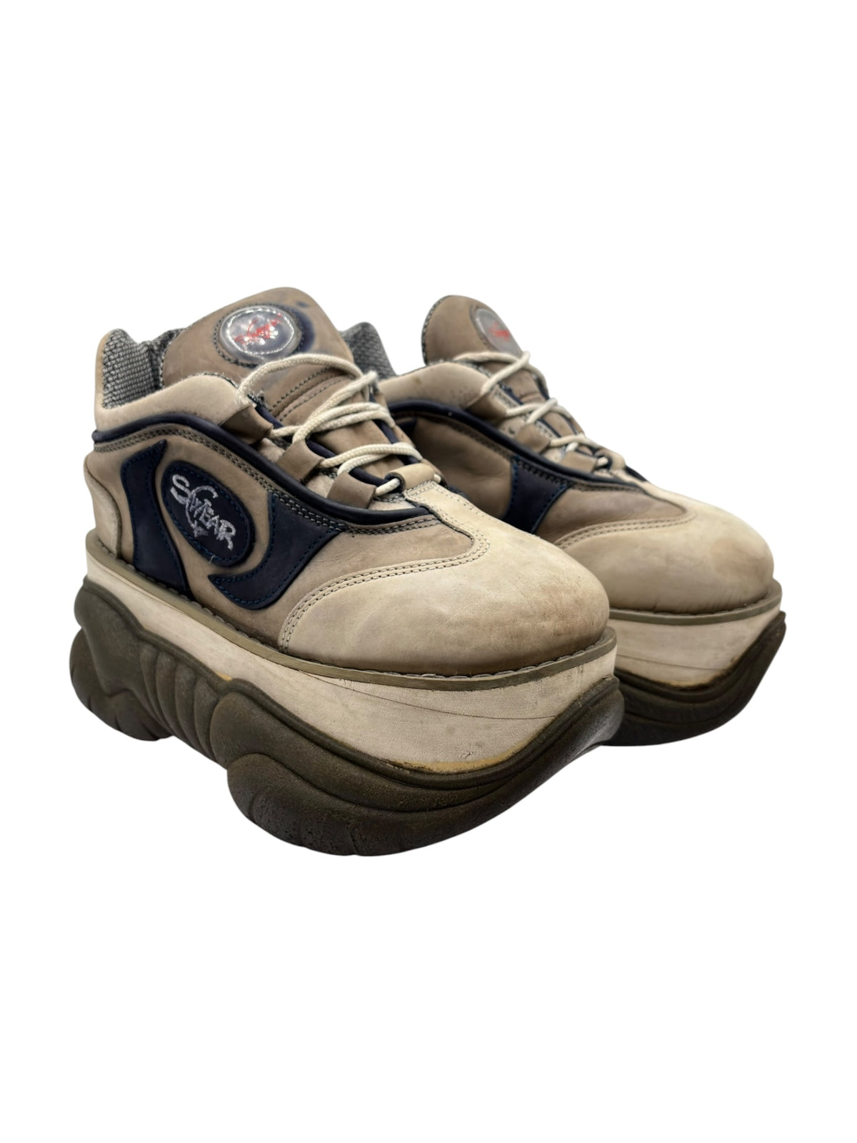 Swear London platform boots, tan uppers with dark blue heel patch, lace-up front