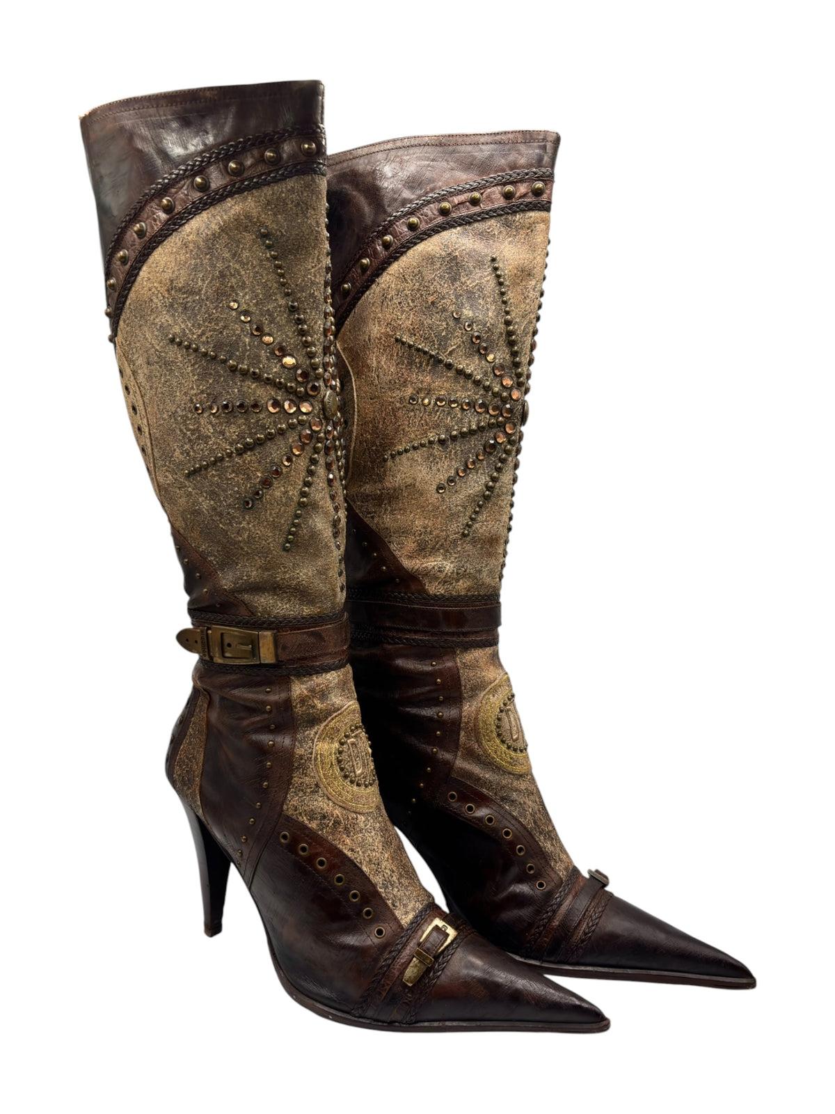 Vintage knee-high boots, distressed gold uppers and dark brown leather, buckle straps, heeled