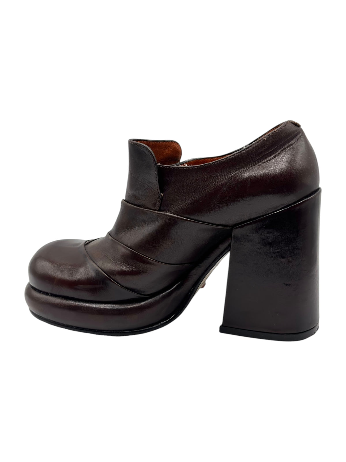 Dark brown leather slip-on heeled shoes with rounded toe and block heel