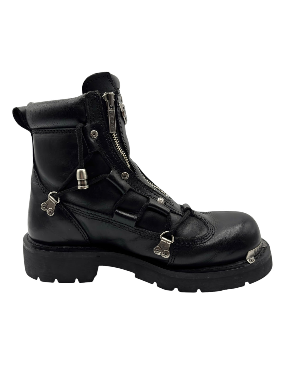 Black leather mid boot with zip closure, metal accents, and rugged tread sole