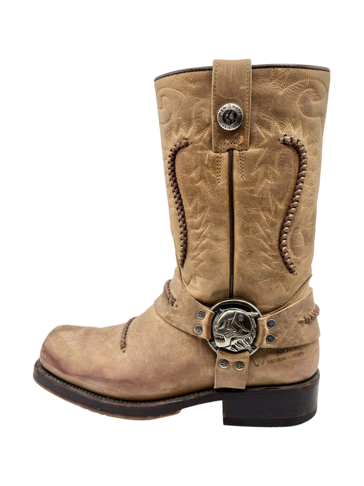 Beige New Rock style cowboy boots with side buckle and decorative stitching