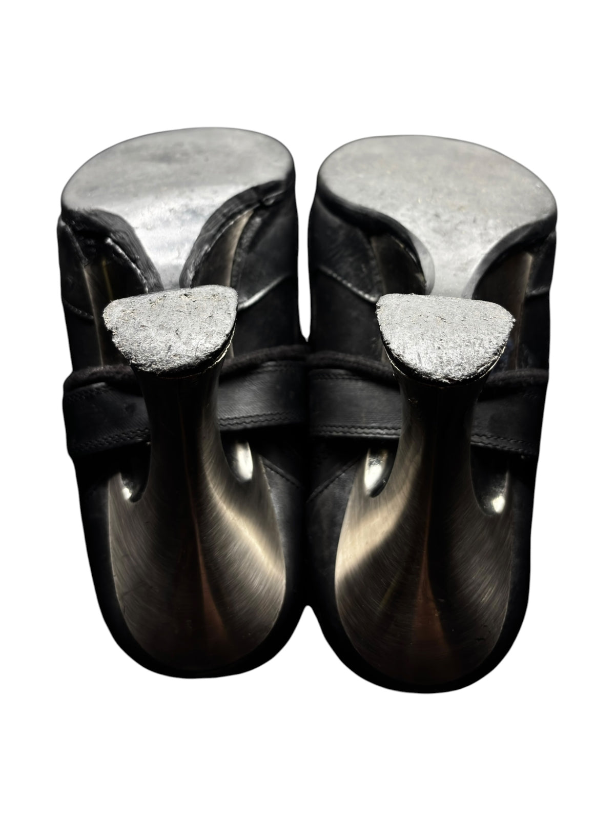 Pair of flame-pattern boots with fold-over cuffs and brushed silver toe panels