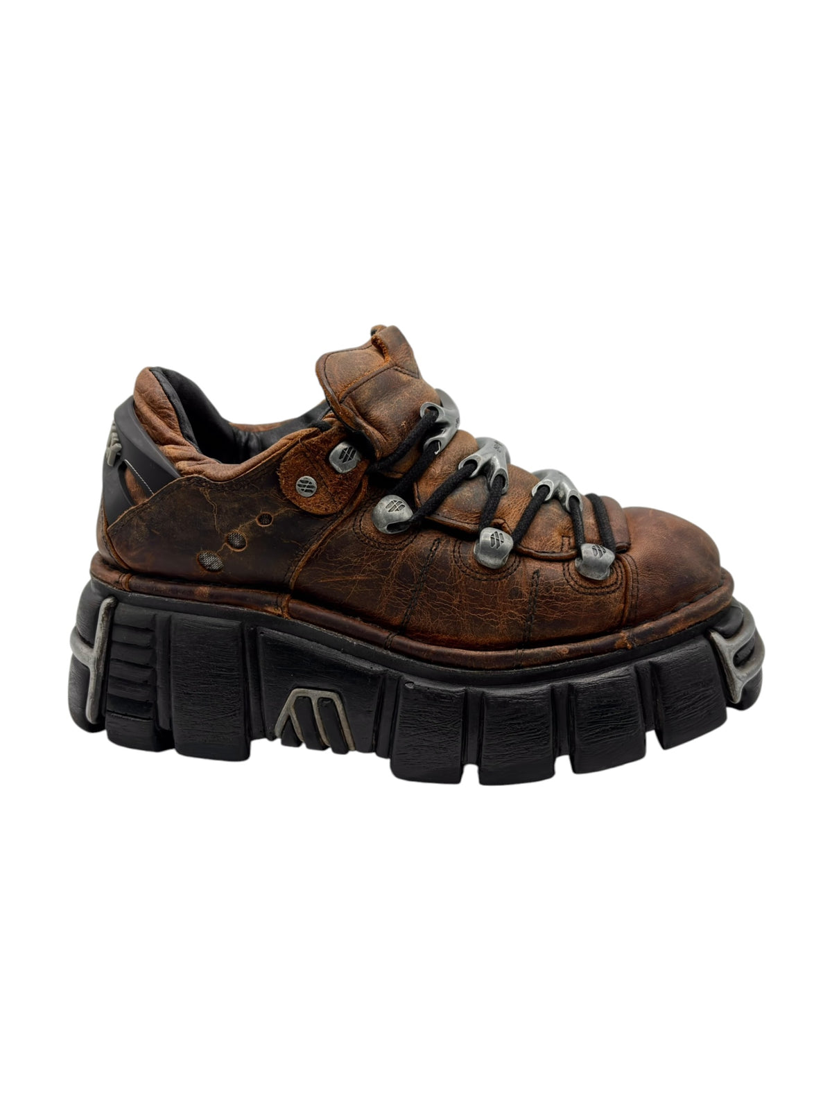 New Rock M-106-S1 brown platform boots, side/front view with rugged tread sole