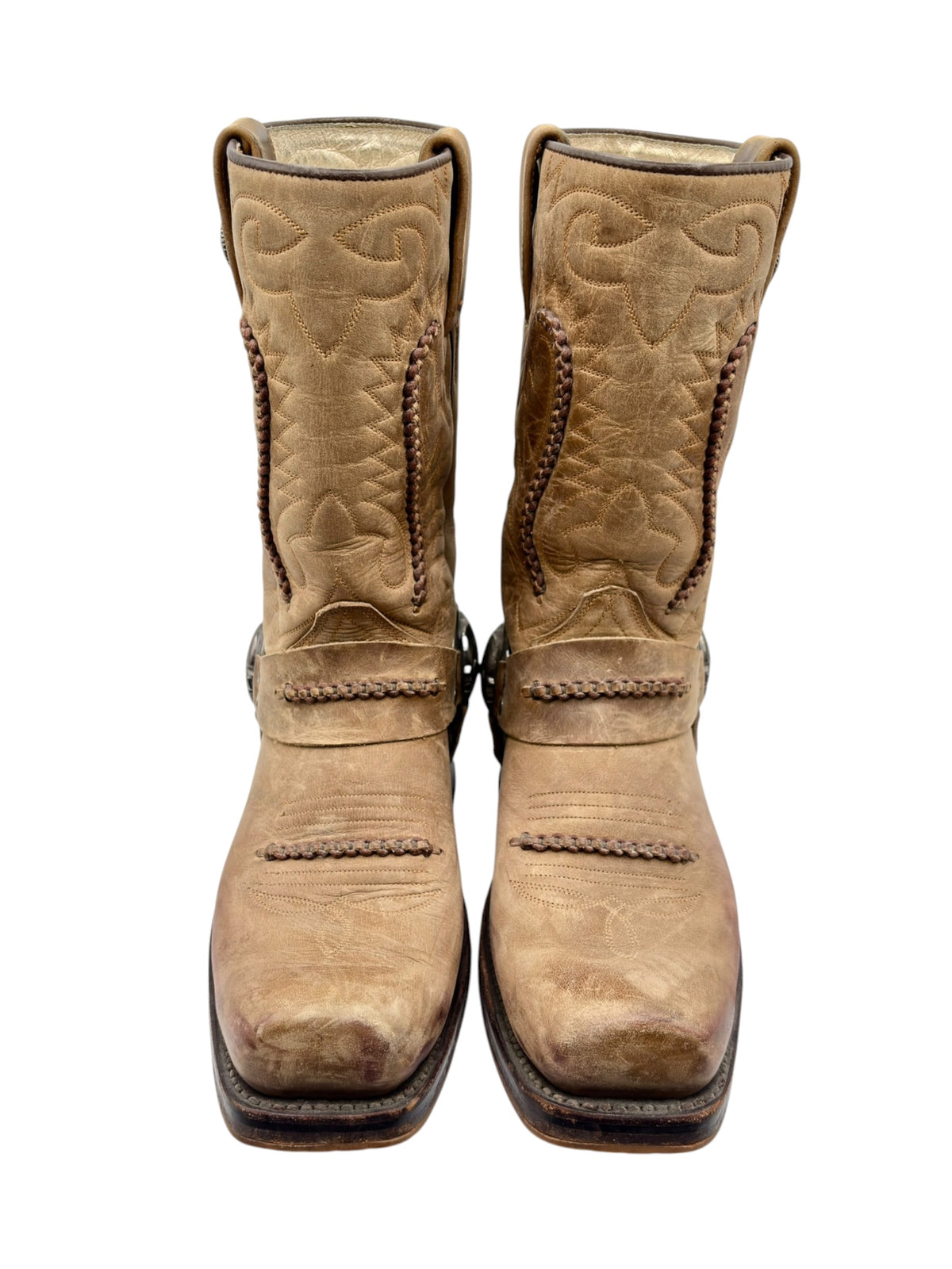 Beige New Rock cowboy boots with quilted shaft embroidery and side strap detail