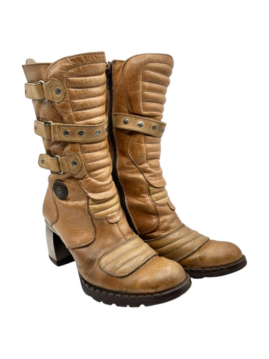 Beige mid-calf leather biker boots with multiple front straps and block heel