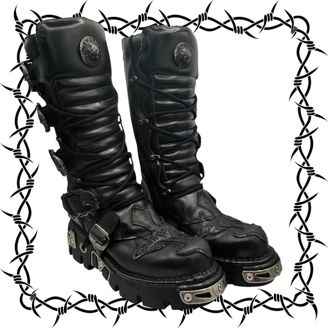 Vintage New Rock knee high leather cross boots size 41