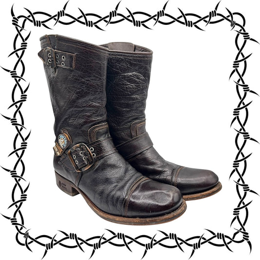 Vintage New Rock dark brown hand-made leather motorcycle boots size 44