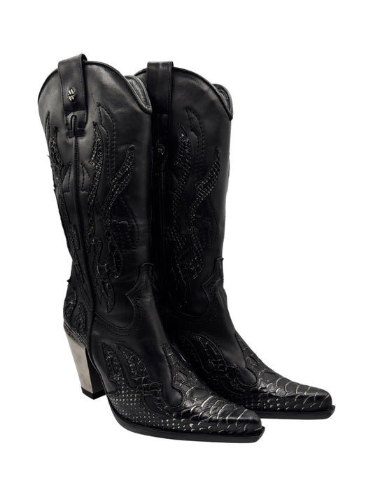 Black pointy-toe cowboy leather boots with western stitching and mid heel